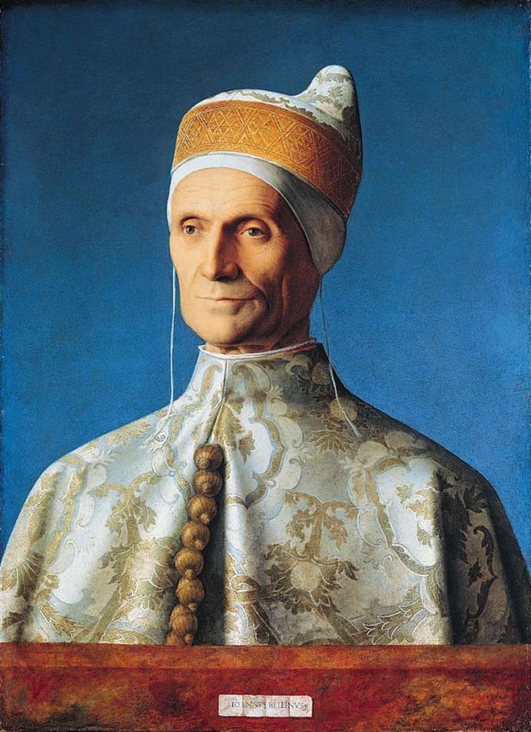 London National Gallery Top 20 06 Giovanni Bellini - The Doge Leonardo Loredan Giovanni Bellini - The Doge Leonardo Loredan, 1501-4, 62 x 45cm. Leonardo Loredan was the Doge (head of state) of the Venetian Republic from 1501-21. He is shown here wearing his robes of state for this formal portrait, including the hat and ornate buttons. The expression on the right, lit side, of his face is more severe, while the left side, in shadow, is more benevolent. By graduating the blue of the background, more intense towards the top and lighter at the bottom, Bellini invokes the sky. The strong directionality of the light and its reflections in Loredon�s eyes suggest that he is looking towards the setting sun. But this hint of time passing, combined with Loredon�s aged face, recalls the old comparison between the duration of the day and the span of human life, and the inevitable coming of the night.